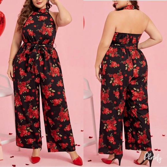 Plus Size Floral Backless Open Back Halter Top Wide Leg Palazzo Pants Jumpsuit - Picture 1 of 7